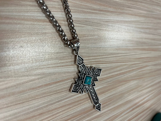 Justin Men's Necklace Aztec Inspired Cross W/Turquoise Colored Stone