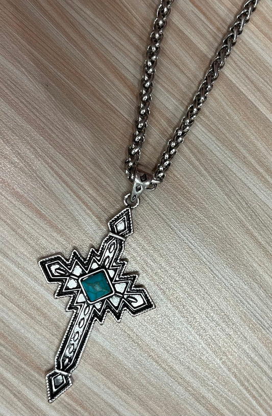 Justin Men's Necklace Aztec Inspired Cross W/Turquoise Colored Stone