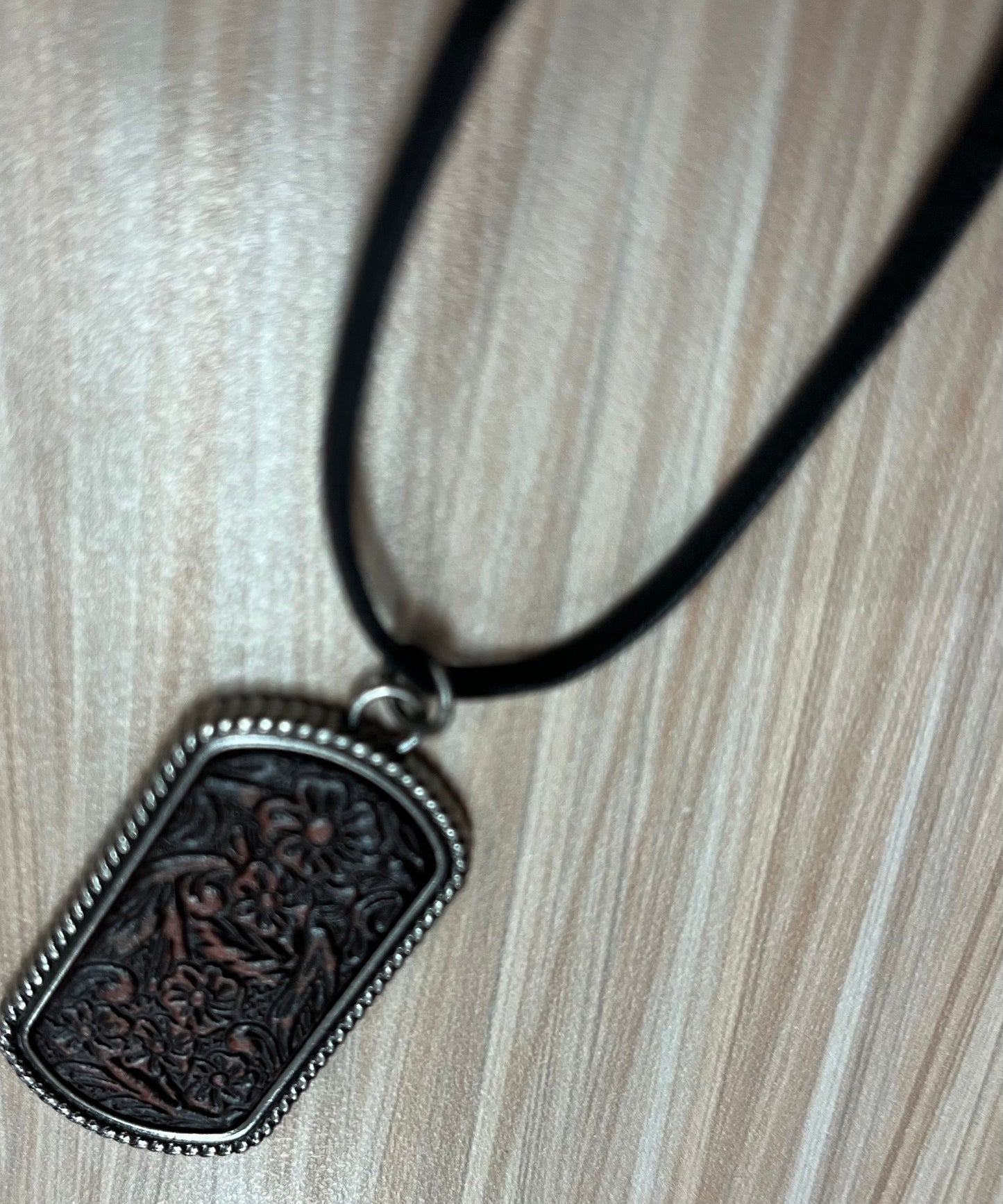 Justin Men's Necklace Dog Tag Style Pendant W/Tooled Leather
