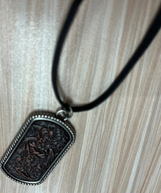 Justin Men's Necklace Dog Tag Style Pendant W/Tooled Leather