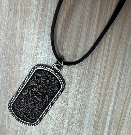 Justin Men's Necklace Dog Tag Style Pendant W/Tooled Leather