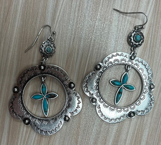 Justin Earrings Concho Hoop with Stone Cross