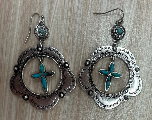 Justin Earrings Concho Hoop with Stone Cross