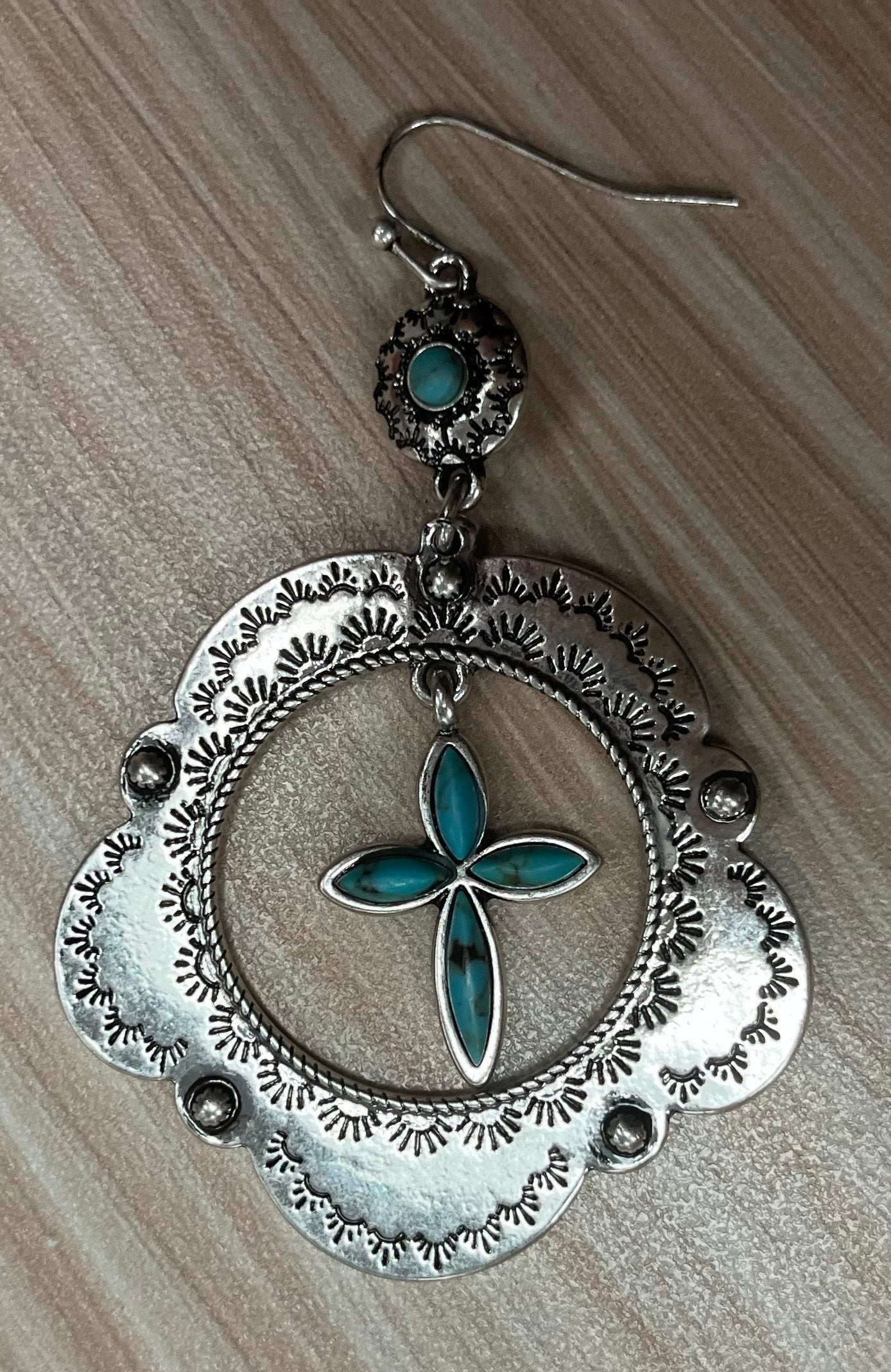 Justin Earrings Concho Hoop with Stone Cross