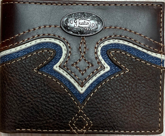 Justin Genuine Leather Bifold Wallet Yoke W/Denim Inlay