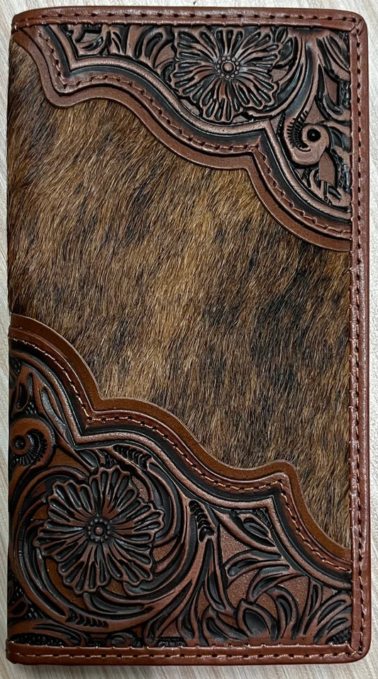 Justin Men's Genuine Leather Wallet with Floral Tooling and Brindle Hair On