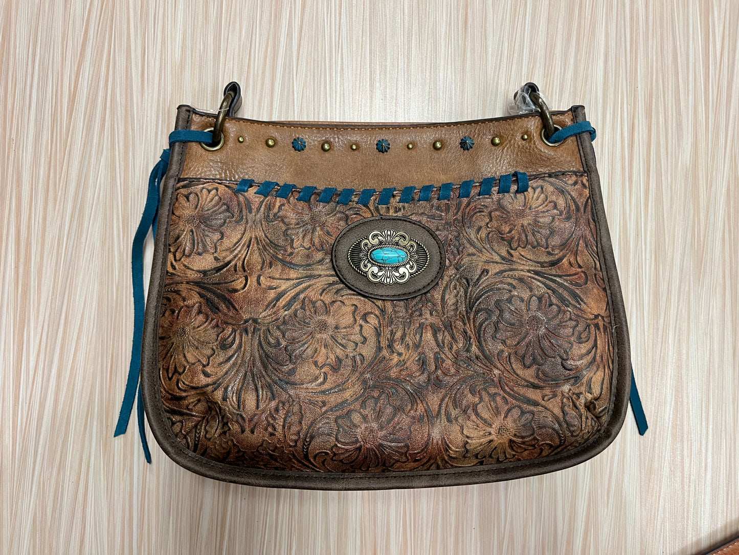 Justin Crossbody Brown W/Tooling Pattern Accents