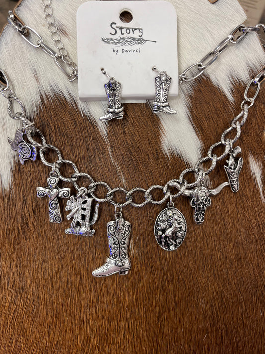 Western Boot Charm Necklace and Earrings Set