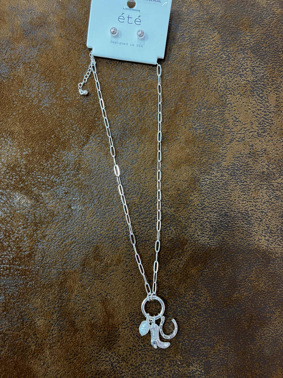 Western Boot Horseshoe Pearl Charm Necklace