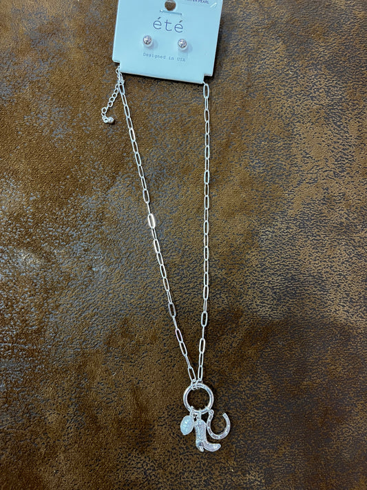 Western Boot Horseshoe Pearl Charm Necklace