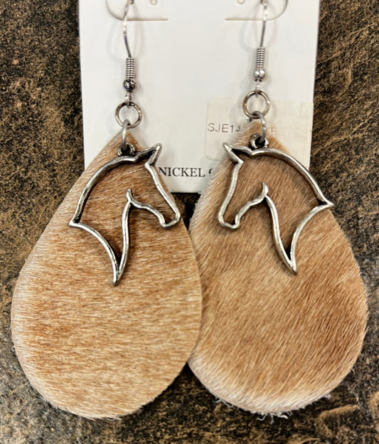 Leather Teardrop Earrings Tan and White Hair-On-Hide w/Horse