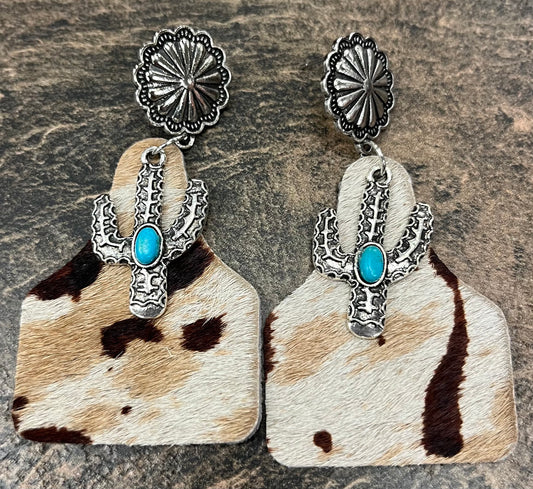 Earrings Animal Print Leather Cactus Turquoise