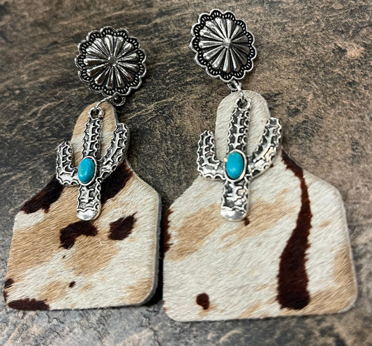 Earrings Animal Print Leather Cactus Turquoise