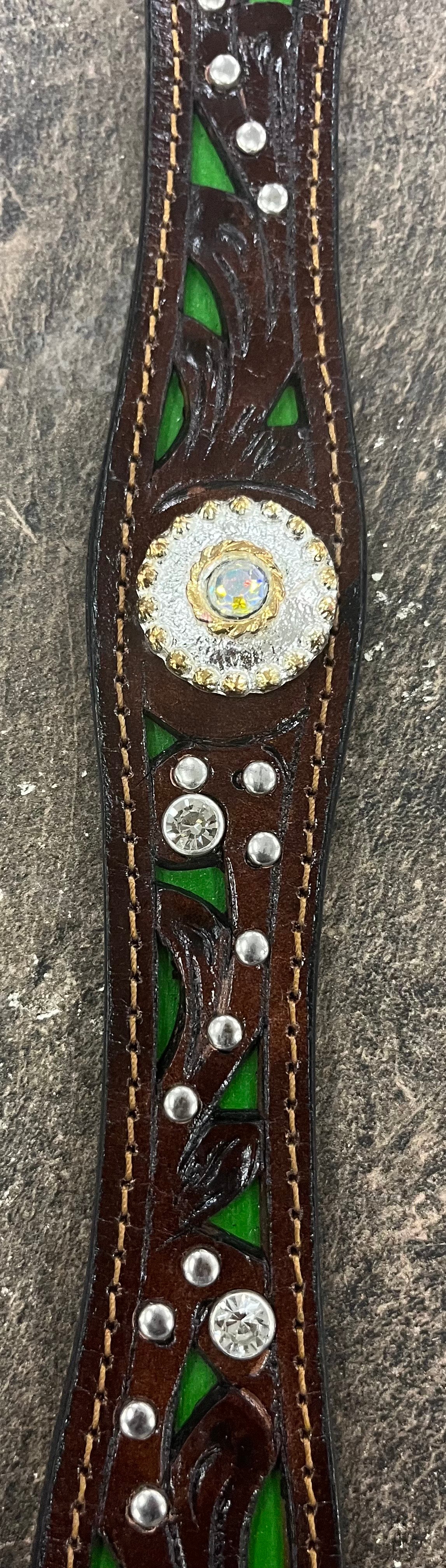 Hand-Tooled Leather Belt with Gem