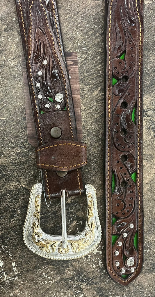 Hand-Tooled Leather Belt with Gem
