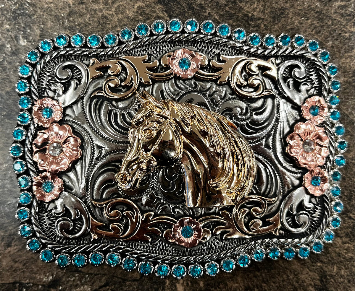 Turquoise Floral Horse Western Buckle