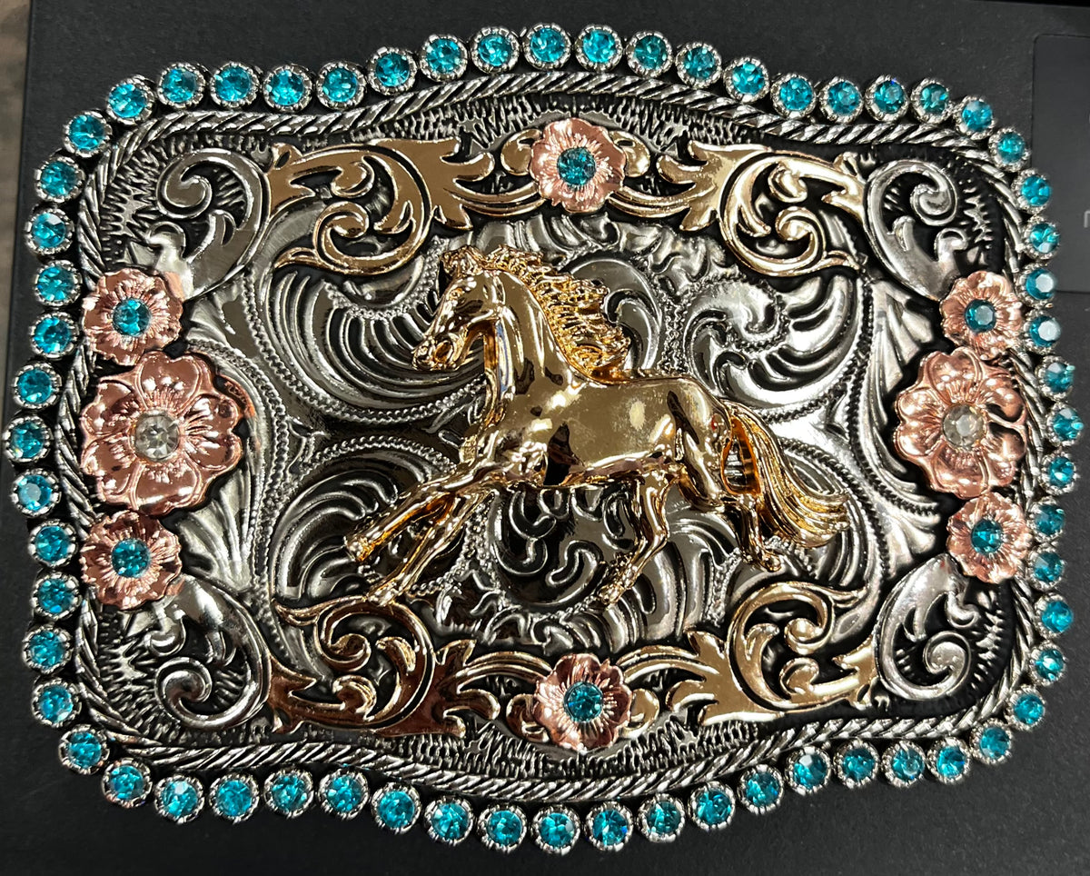 Turquoise Floral Horse Western Buckle