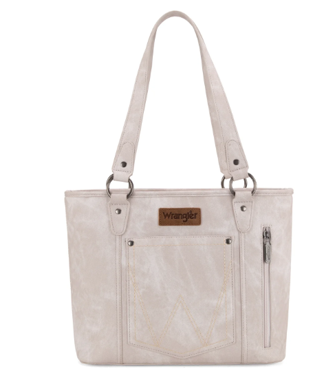 Wrangler "W" Stitch Water Repellent Denim Pocket Zippered Tote Bag- Beige
