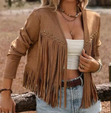 Studded Faux Suede Fringe Western Boho Jacket