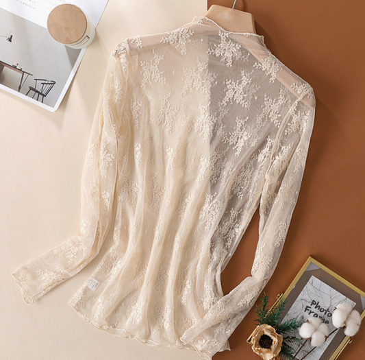 Semi Sheer Mesh Floral Lace Layering Top