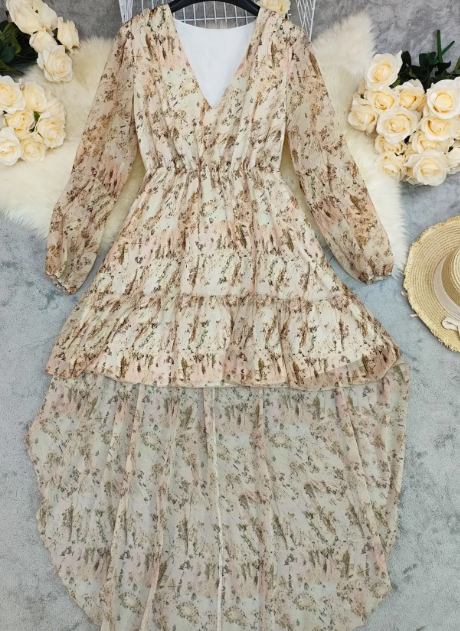 V-Neck Floral Printed Bohemian Layered Dress