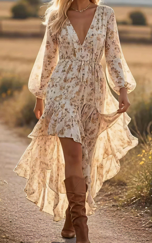 V-Neck Floral Printed Bohemian Layered Dress