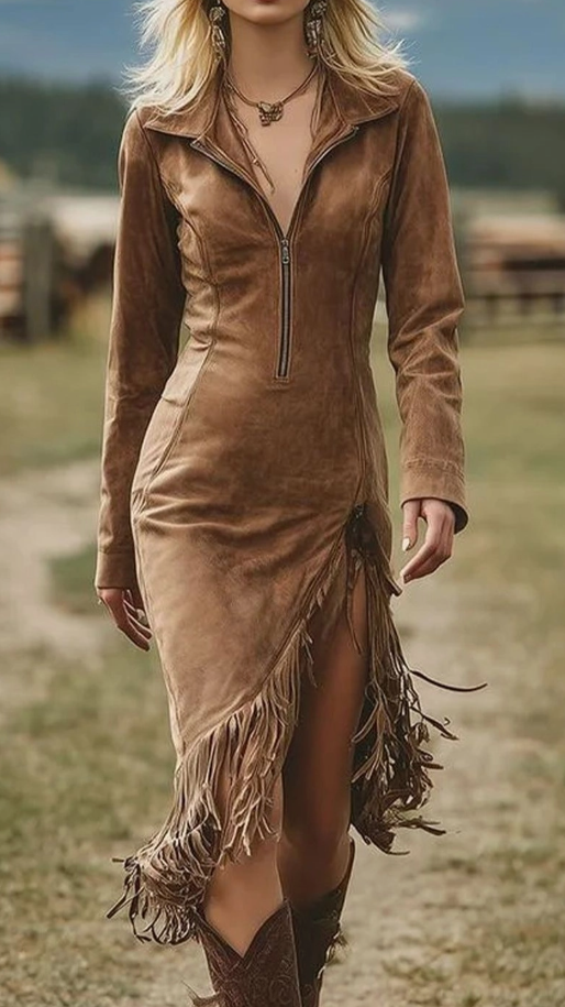 Western Tassel Suede Dress Long Sleeve Fitted Dress