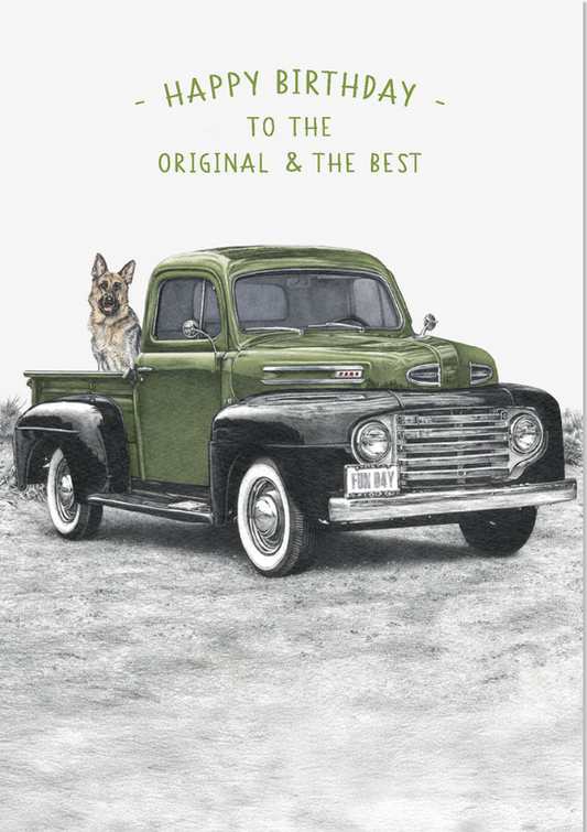 Dog In Back of Green Truck Birthday Card