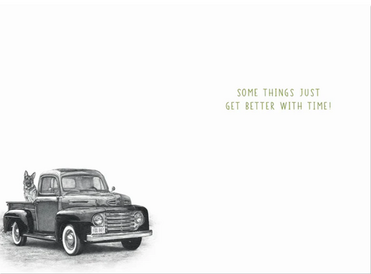 Dog In Back of Green Truck Birthday Card