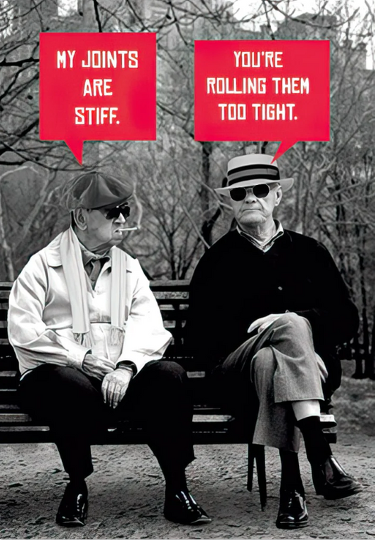 Funny Birthday Card: Two Men on Bench, 'Stiff Joints' Joke | Funny Birthday Greeting Card