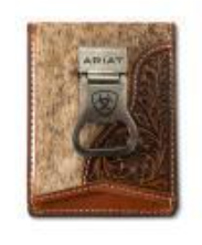 Ariat Mens Money Clip Style Wallet Laser Etched Shield Brown