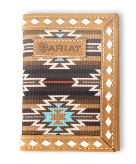 Ariat Mens Trifold Style Wallet Southwestern Diamond Lacing Brown