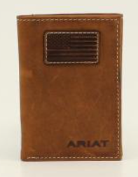 Ariat Mens Trifold Wallet Flag Patch Logo Medium Brown