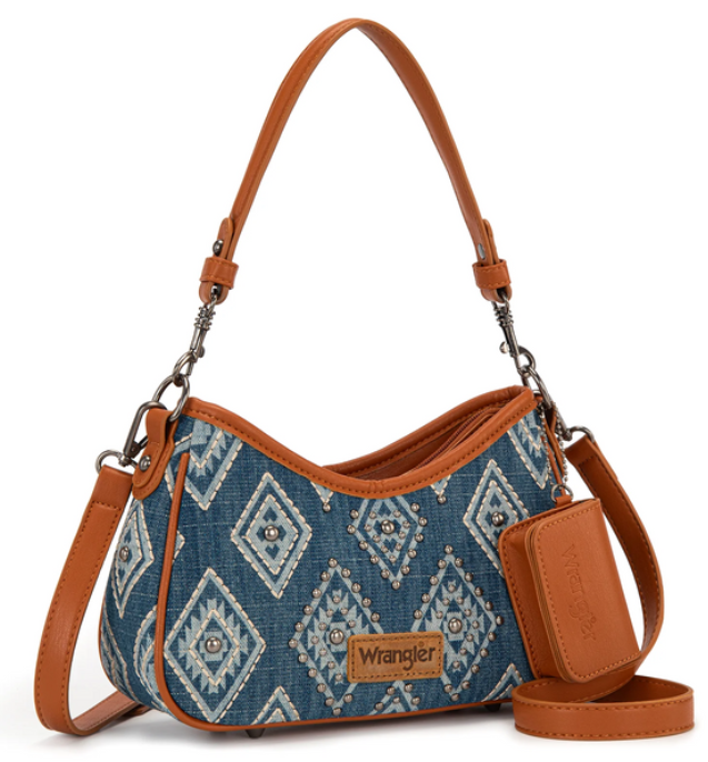 Wrangler Aztec Studded Denim Shoulder Bag with Mini Pouch