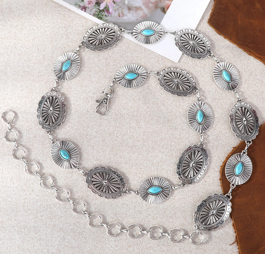 Rustic Couture Etched Oval Concho Link Chain Belt