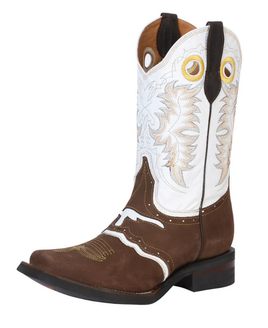 El General Men's Western Cowboy Boot - Crazy Nubuck Dark Brown w/Longhorn