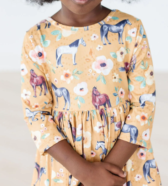 Mila & Rose Ponies & Poppies 3/4 Sleeve Pocket Twirl Dress