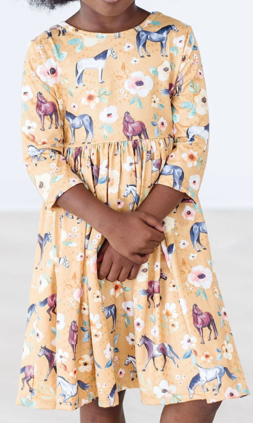 Mila & Rose Ponies & Poppies 3/4 Sleeve Pocket Twirl Dress