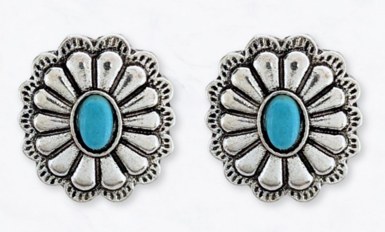 Western Turquoise Concho Flower Stud Earrings