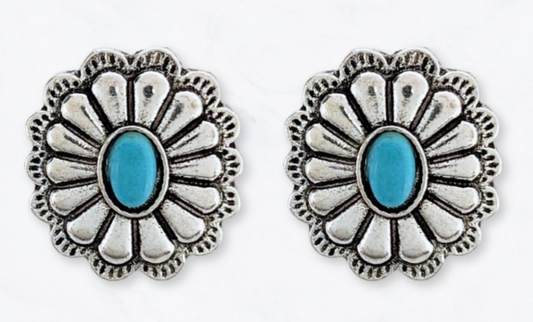 Western Turquoise Concho Flower Stud Earrings