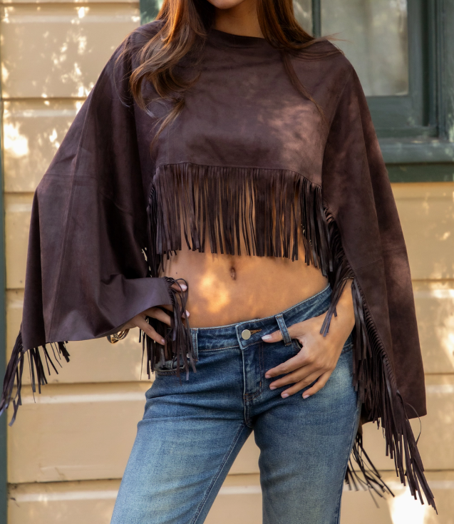 Stallion Faux Suede Cropped Flowy Fringe Poncho