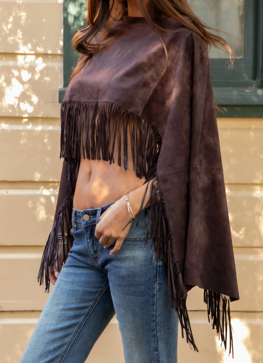Stallion Faux Suede Cropped Flowy Fringe Poncho