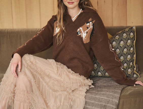 Blue b Western Horse Intarsia Sweater
