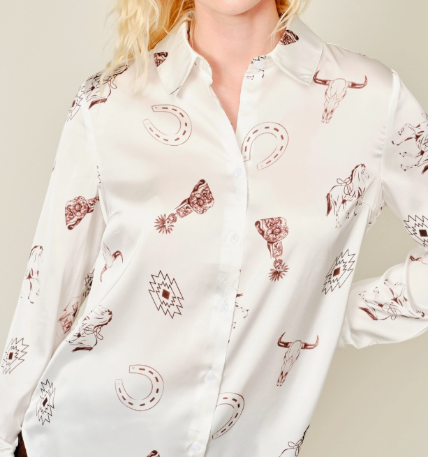 Blue b Western Print Satin Shirt