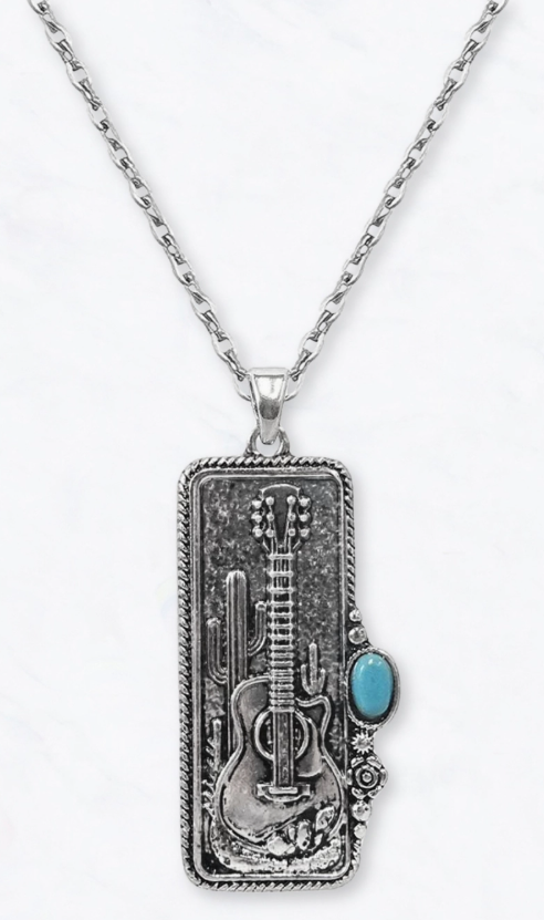 Western Guitar Pendant Necklace with Stone Accent