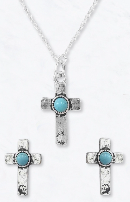 Western Turquoise Cross Necklace & Earrings Set