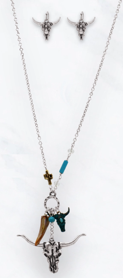 Western Longhorn Charm Necklace & Earring Set