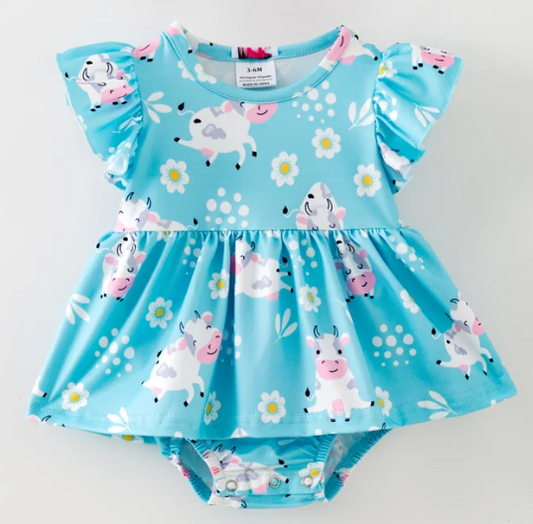 Pink Barn Kids Blue Cow Romper