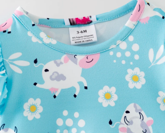 Pink Barn Kids Blue Cow Romper