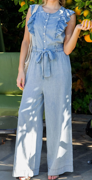 Mineral Washed Ruffle Round Neck Jumpsuit